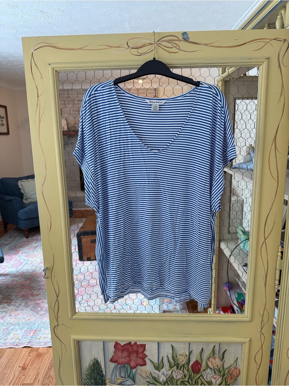 Tommy Bahama Blue and White Striped V-Neck Tee
